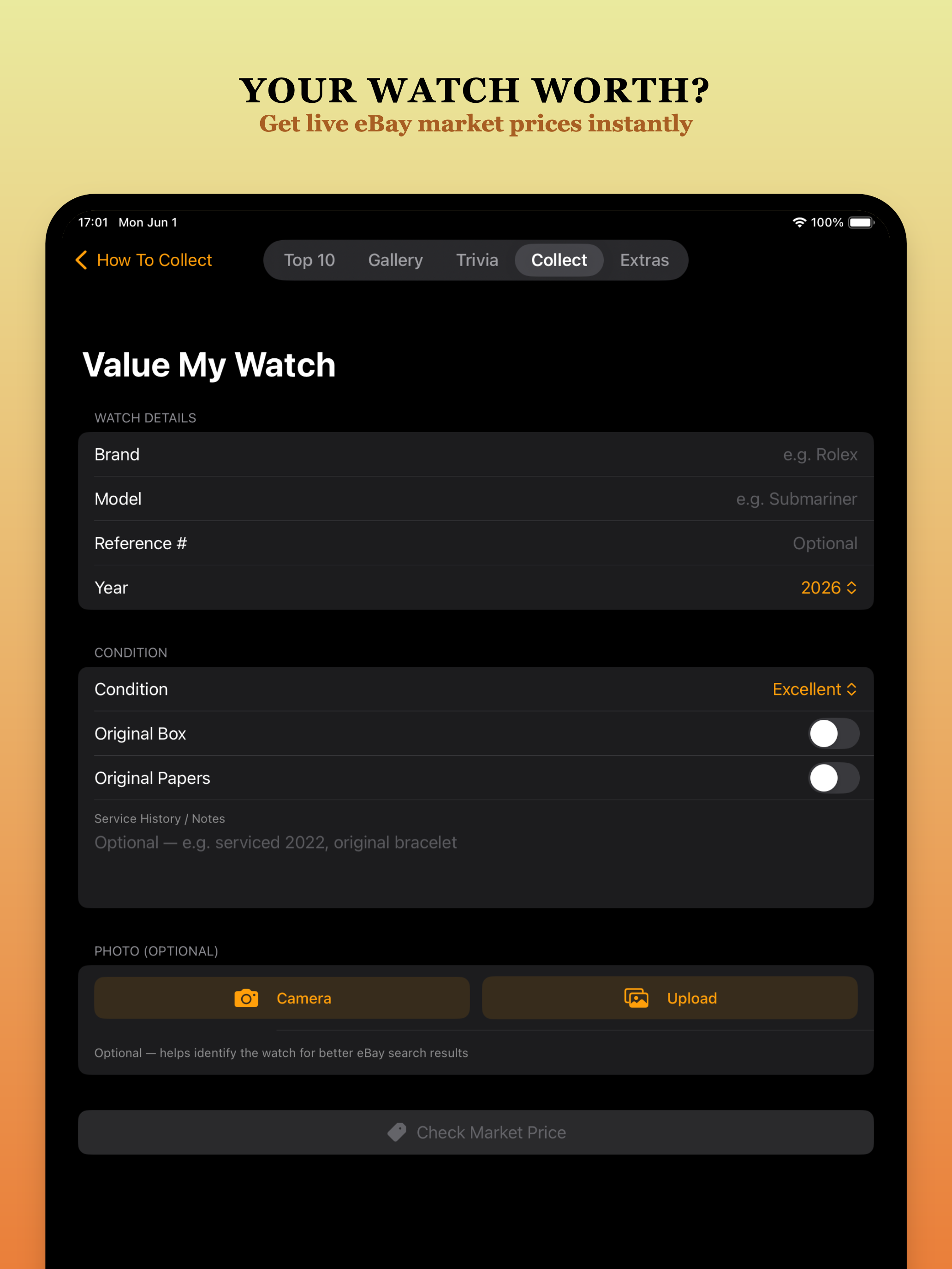 Watch Collectors Club on iPad showing the Value My Watch feature
