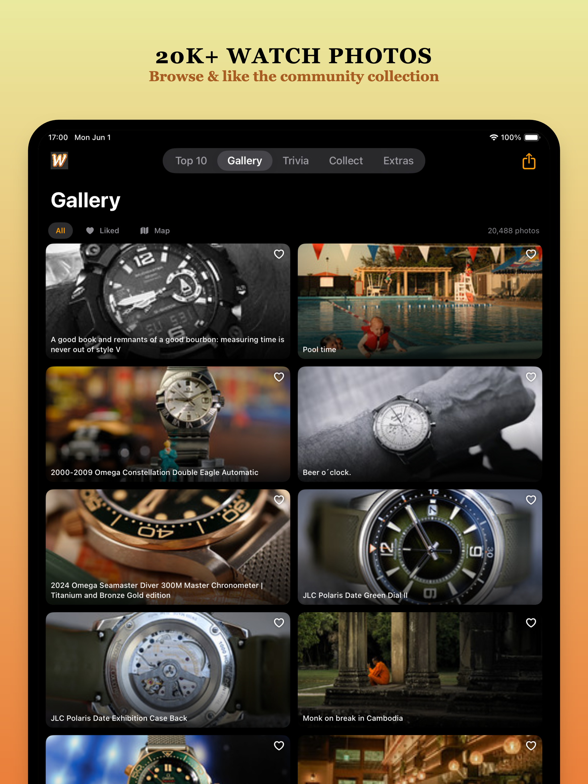 iPad showing the community Gallery with 20K+ watch photos