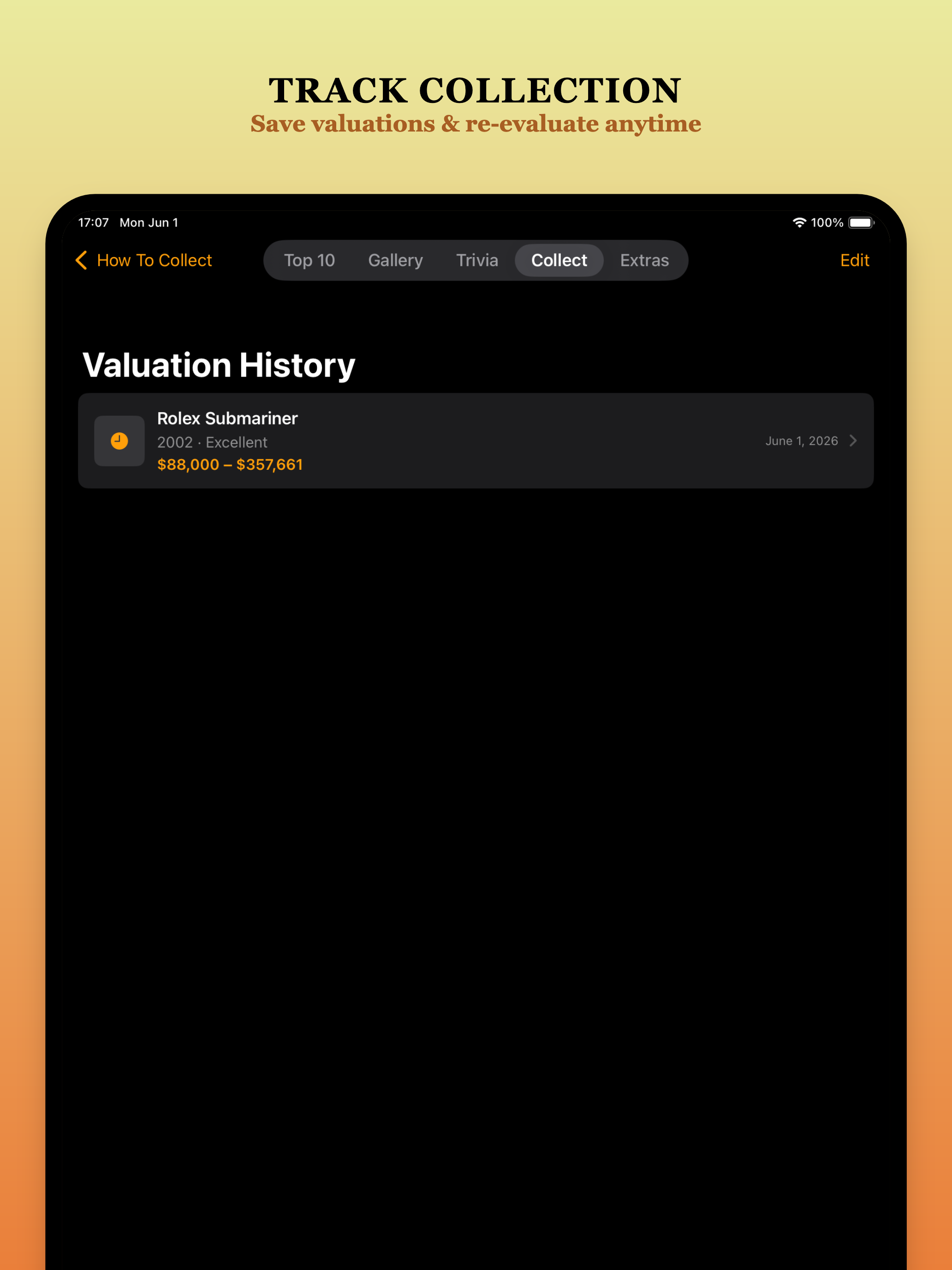 iPad showing Valuation History — track your collection over time