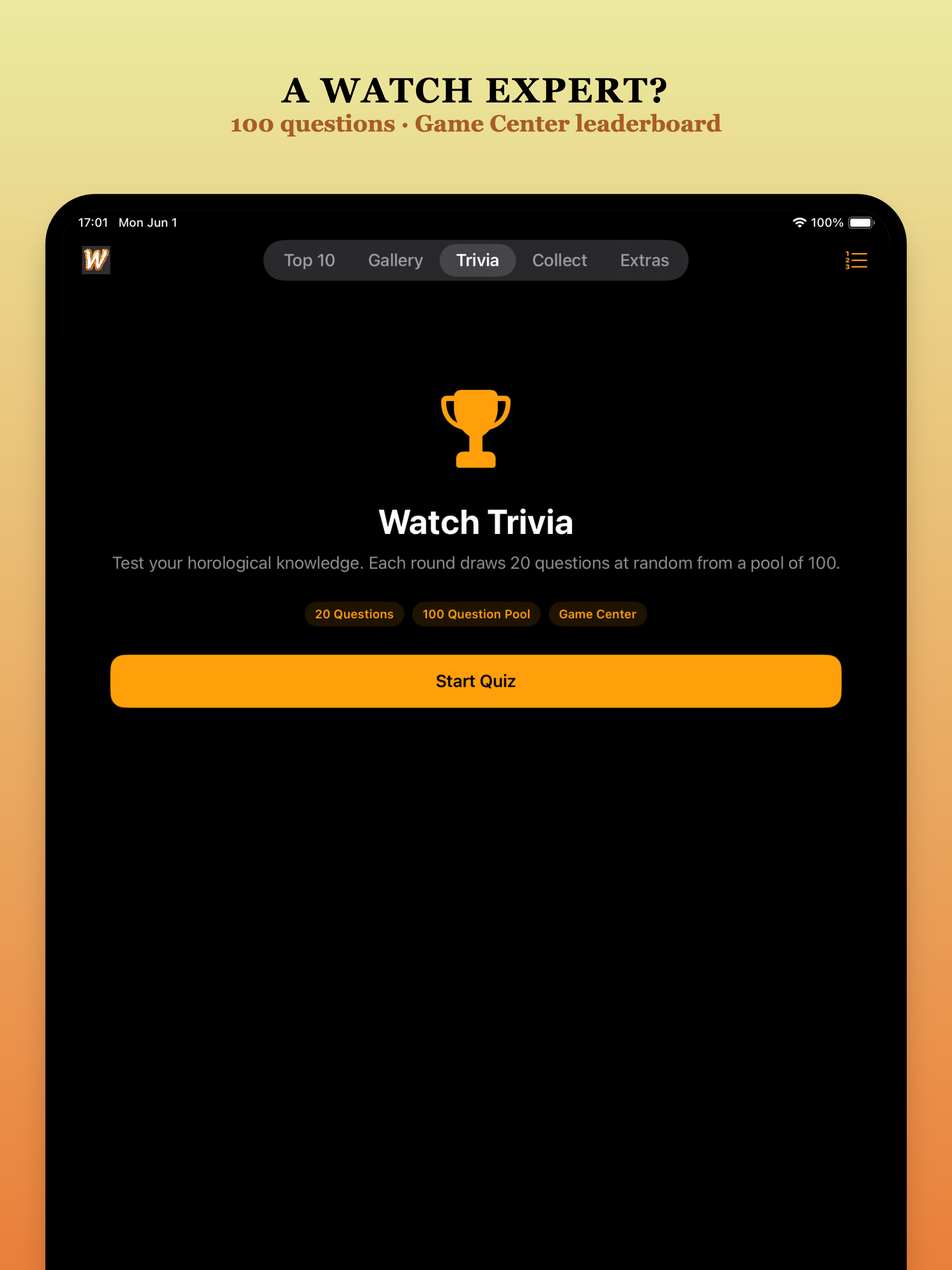 Watch Trivia — 100 questions, Game Center leaderboard