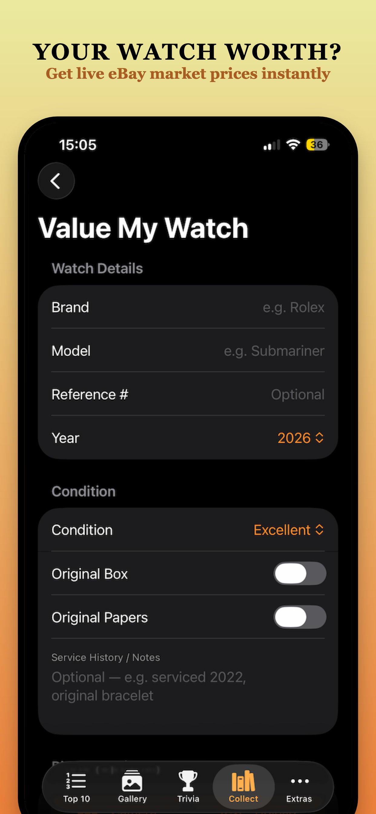 Watch Collectors Club on iPhone showing the Value My Watch feature